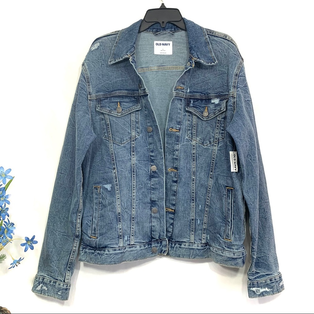 Old Navy Women's Medium Wash Long Sleeve Distressed Denim Jean Jacket - NWT